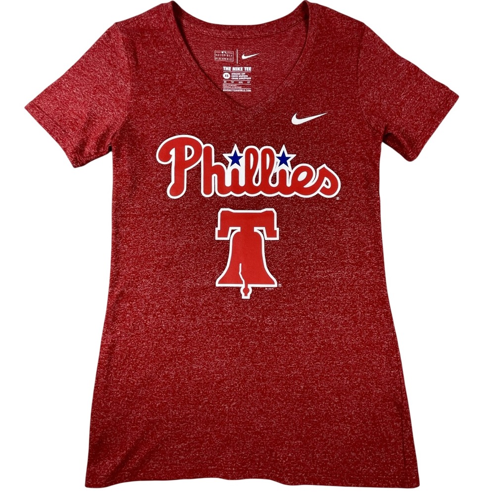 Nike T-Shirt Women XS Red Phillies MLB V-Neck Athletic Cut Short Sleeve Tee